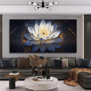Floral Framed Wall Art White Lotus Pictures Wall Art for Living Room, Large Zen Canvas Wall Art For Office Decor Bedroom Decor Bathroom Modern Artwork Painting Framed 24x48inch(60x120cm)