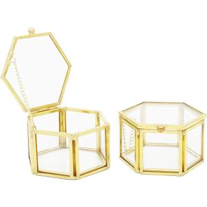 JIARI Glass Jewelry Box Small Gold Hexagonal Decorative Box Ring Earring Display Keepsake Box Case Box for Storage (Small 2 Pack)