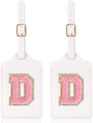 Personalized Initial Luggage Tags for Suitcases with Chenille Letter, Cute Leather Luggage Tag Monogrammed Tags for Baggage Bag Travel Gifts for Women Kids Teens(White_D)Pack of 3