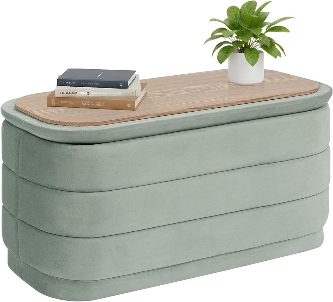 B FSOBEIIALEO 30" Velvet Storage Ottoman Long Bench with Tray, Sage