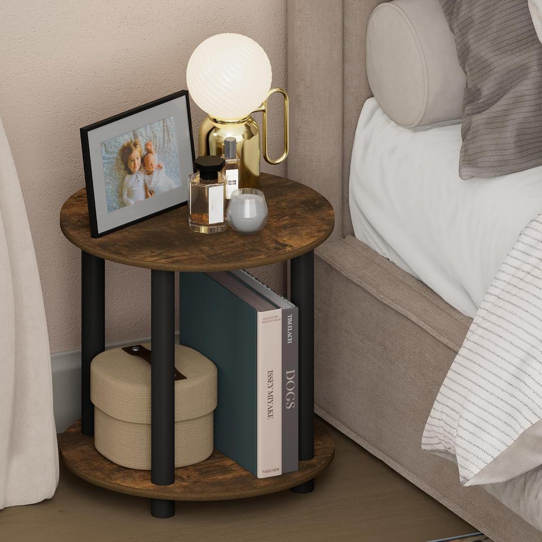 Furinno Turn-N-Tube Night Stand, 2-Tier Small Round Nightstand, Toolless Assembly End Table with Open Shelf, Bedside Table, Side Table, for Bedroom, Closet, Dorm, Amber Pine, 15.6"W x 16"H
