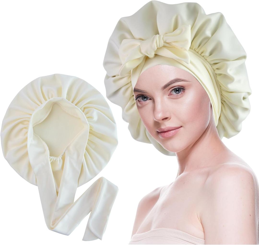 Large Polyester Bonnet for Sleeping Women Curly Hair Bonnet with Elastic Tie Band Hair Wrap Sleep Cap Adjustable Night Cap (Ivory)