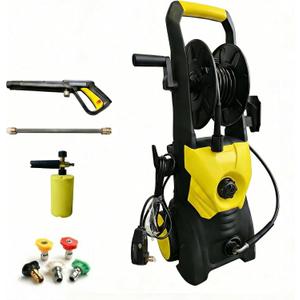 Pressure Washer 2000 PSI with Hose Reel, 1625W Plug-in, Includes 5 Nozzles and Foam Pot, Leak-Proof, for Cars Driveways Patios Garden - Yellow
