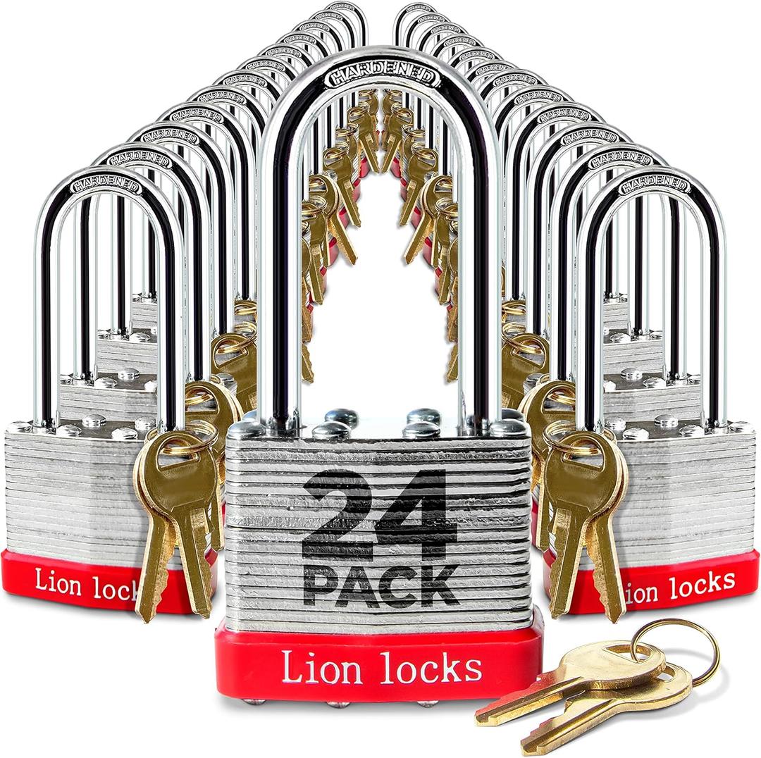 Lion Locks 24 Keyed Alike Padlocks with 2" Long Shackle, 48 Keys - Padlocks for Outdoor Use, Locks with Keys, Hardened Steel Case, Pick Resistant Brass Pin Cylinder for Hasp Latch, Locker, Gate