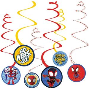 Spiral Decorations - 5" (12 Pcs) - Multicolor Cardstock & Foil Hanging Decors for Kids Birthday & Themed Parties, Spidey & His Amazing Friends