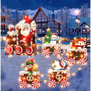 Christmas Train Decorations Yard Signs with LED Lights - Christmas Tree Snowman Train Set Lawn Signs with Stakes for Holiday Xmas Lawn Garden Yard Decorations Outdoor, 5 Pack