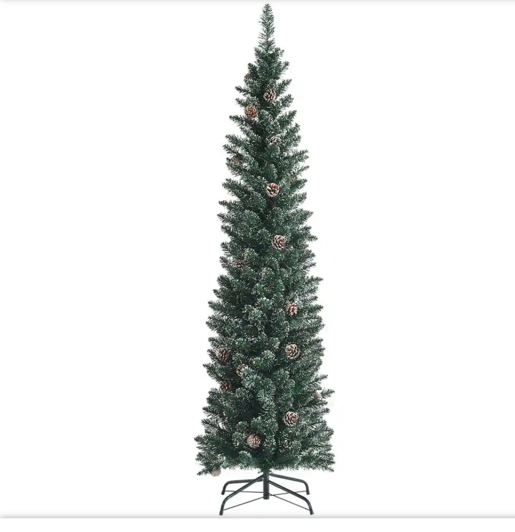 6 ft. Unlit Snowy PVC Slim Artificial Christmas Tree w/Pine Cones