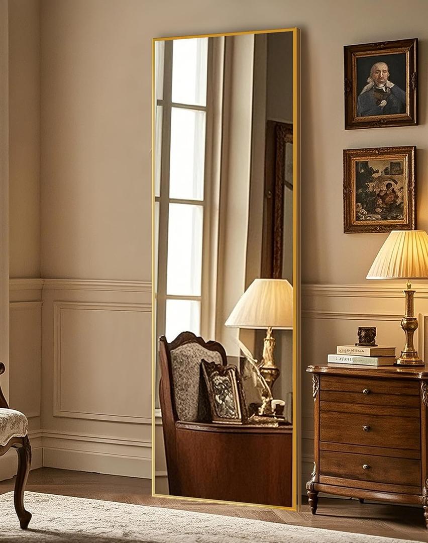 Delma Full Length Mirror,Large Floor Mirror with Aluminum Frame for Bedroom, Bathroom, Living Room,Wall Mount or Freestanding Design(with Stand,Rect 56x15-Gold)