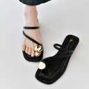 Women'S Leather Strappy Flat Metal Toe Ring Sandals Fashionable Square Open Toe Low Block Heel Slip-On Clip Toe Slide Sandals Casual Summer Beach Slipper