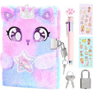 rinBarBee Diary for Girls with Lock and Keys,Tie-Dye Fuzzy Journal for Kids,Hardcover Fluffy Locking Notebook for Writing and Drawing,4-12 Year Old Girl Birthday