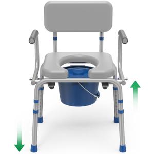 Drop Arm Bedside Commode, Commode with Padded Seat and Backrest, 500lbs Capacity, 5.81QT Removable Bucket, Adjustable Height Portable Toilet for Adults, Gray