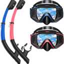Snorkeling Gear for Adults, Dry Top Snorkel Mask Set 2 Pack Scuba Diving Mask Snorkel Gear Anti Fog Snorkeling Packages Tempered Glass Panoramic View Nose Cover (Blue&Pink)