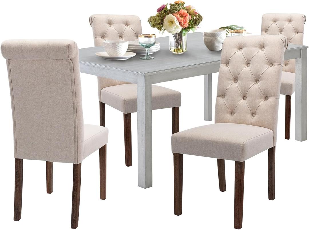 COLAMY 5-Piece Dining Table Set for 4, 60" Kitchen Wood Table with 4 Tufted Dining Room Chairs, White/Beige