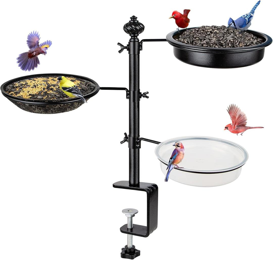 Deck Bird Feeder for Railing, BOLITE Balcony Bird Feeders for Outside, Three Trays, Enhanced Version, Black, Birthday Gifts for Women Men, Gifts for Mom Dad