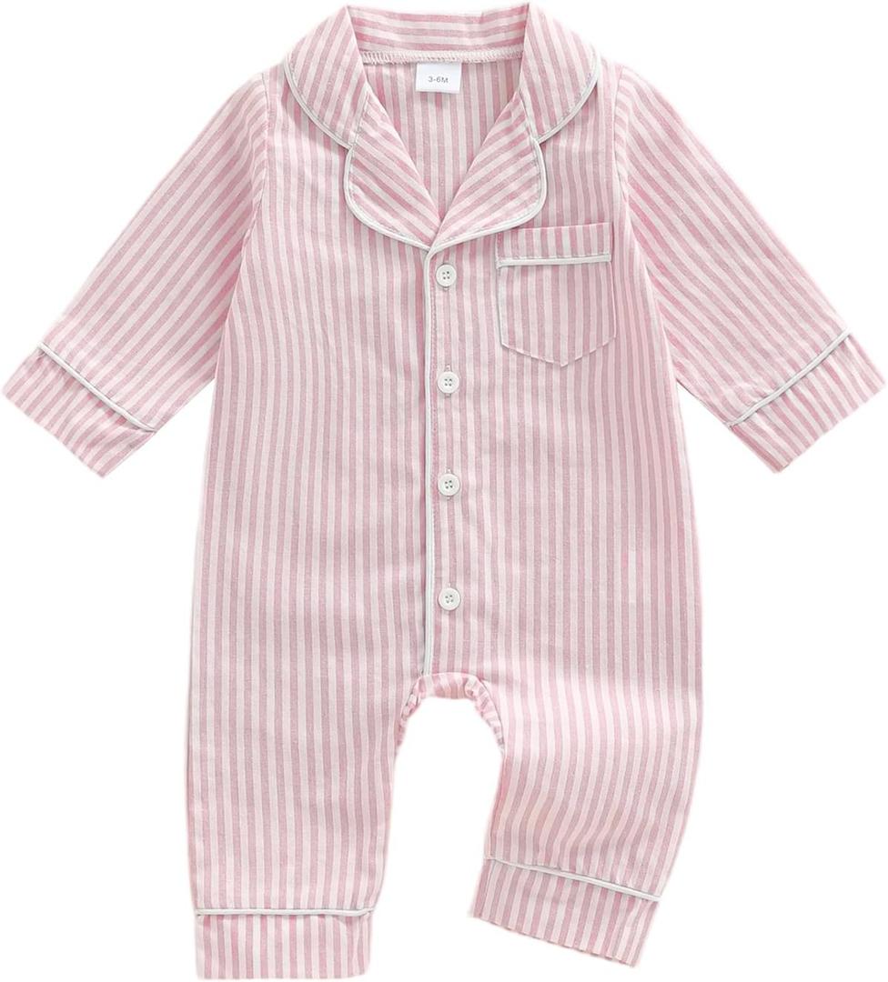 Kuriozud Baby Girl Boy Romper Pajamas Fall Winter Long Sleeve Button Down Pjs Newborn Infant Lapel Sleepwear Nightwear (6-12 Months, Striped Pink)