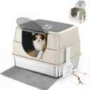 Enclosed Cat Litter Box with Flip-Top Lid, Stainless Steel Large Covered Litter Box, High Sided Metal Litter Pan with Litter Scoop & Mat, Odor Control, Leak Proof, Easy Cleaning, White