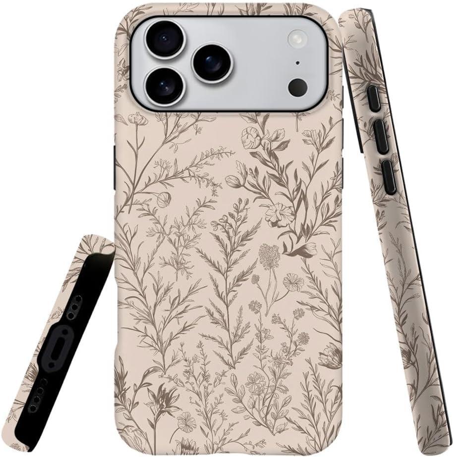 Case Compatible with iPhone 17 Pro Max,Hybrid 2-Layer Hard Shell,Shockproof Soft for Girl Women,Sage Brown Flower Pattern