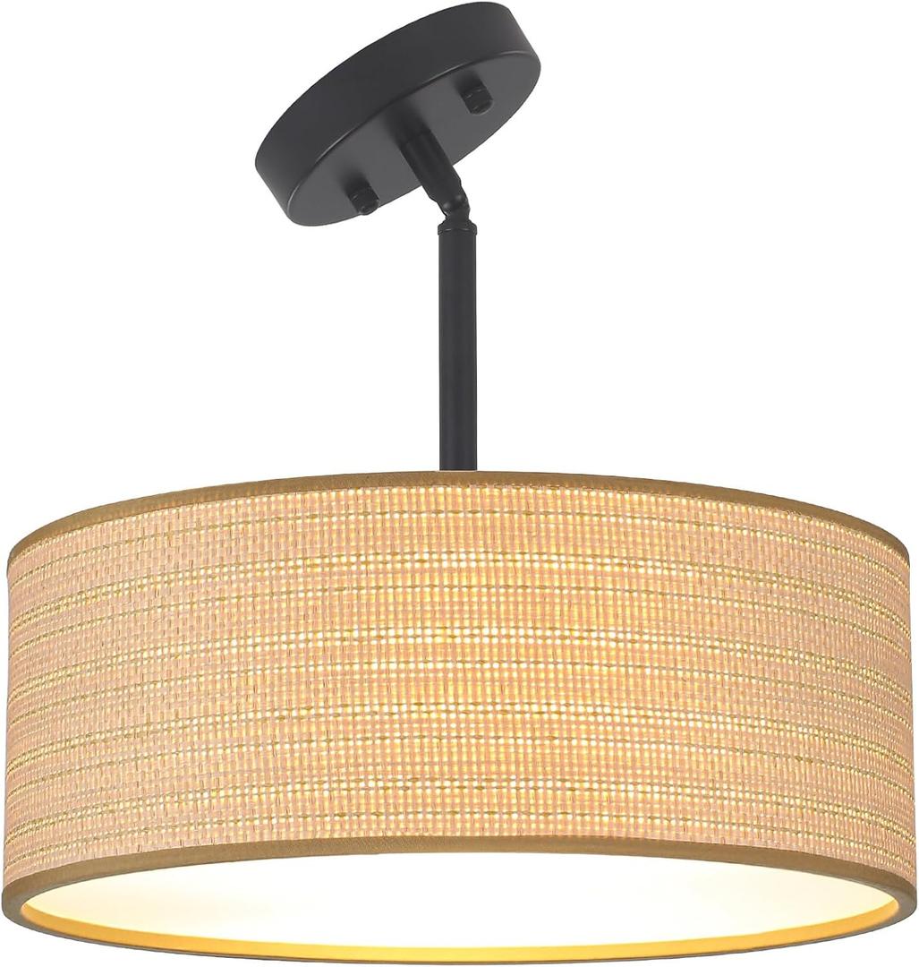 Rattan Sloped Ceiling Light Fixture, 13" Woven Boho Semi Flush Mount Lights with Drum Fabric Shade, Lighting for Bedroom, Dining Room, Living Room, Hallway, Entryway