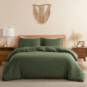 DAPU 100% Linen Olive Green Duvet Cover Set, Pure Natural French Flax Linen with Corner Ties and Zipper Closure Soft Breathable Durable for Hot Sleepers 1 Duvet Cover 2 Pillowcases (Queen)