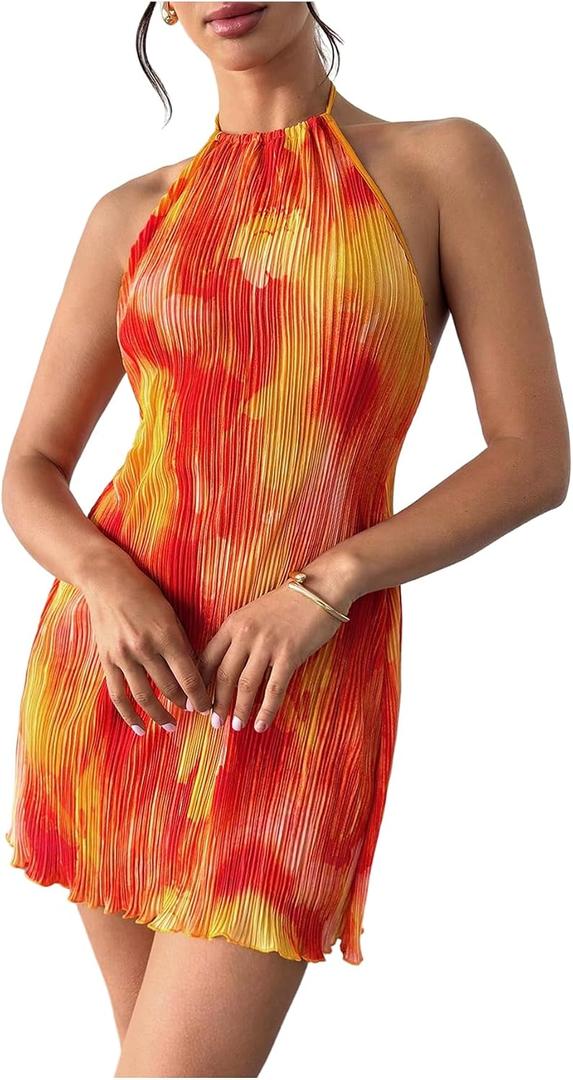 SHENHE Women's Summer Halter Sunset Dress Loose Pleated Backless Beach Short Sundress,Xsmall