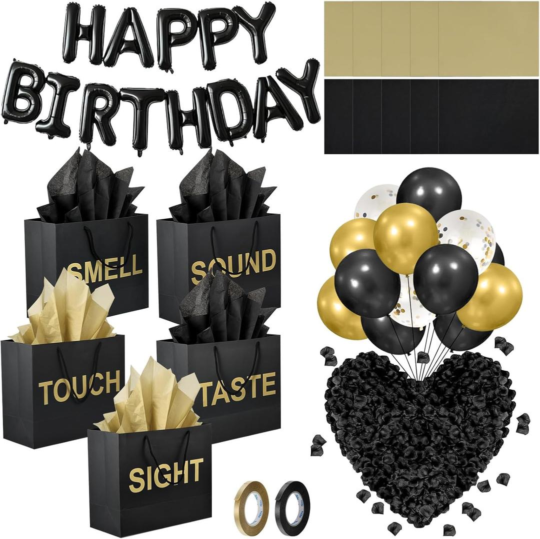 Foxtell 5 Senses Gift Bags Five Senses Birthday Decorations with Tissue Paper Ribbon Happy Birthday Banner Balloons Rose Petals Ribbons for Party(Black Gold)