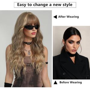 Ash Blonde Ombre Platinum Wigs With Bangs Long Wavy Wig For Women Realistic Synthetic Curly Wig For Daily Wearing Party Gifts