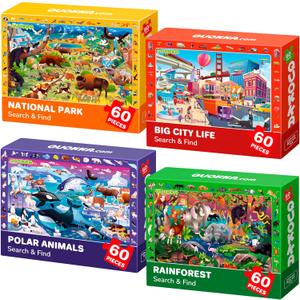 QUOKKA Puzzles for Kids Ages 4-6 - 4 x 60 Puzzles for Toddlers 5-8 - Educational Search and Find Toy for 8-10 yo for Learning Forest Polar, USA National Park Animals and City Life, Missing Pieces