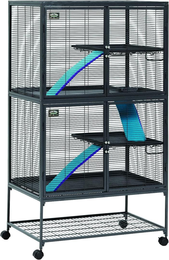 Critter Nation by MidWest Homes for Pets Double Unit Small Animal Cage, Habitat for Rats, Chinchillas, Ferrets, Sugar Gliders, Tool-Free Assembly, with Full-Width Doors, Shelves & Removable Base Pans, Black: 1/2 Inch Wire Spacing: Critter Nation, Double Story