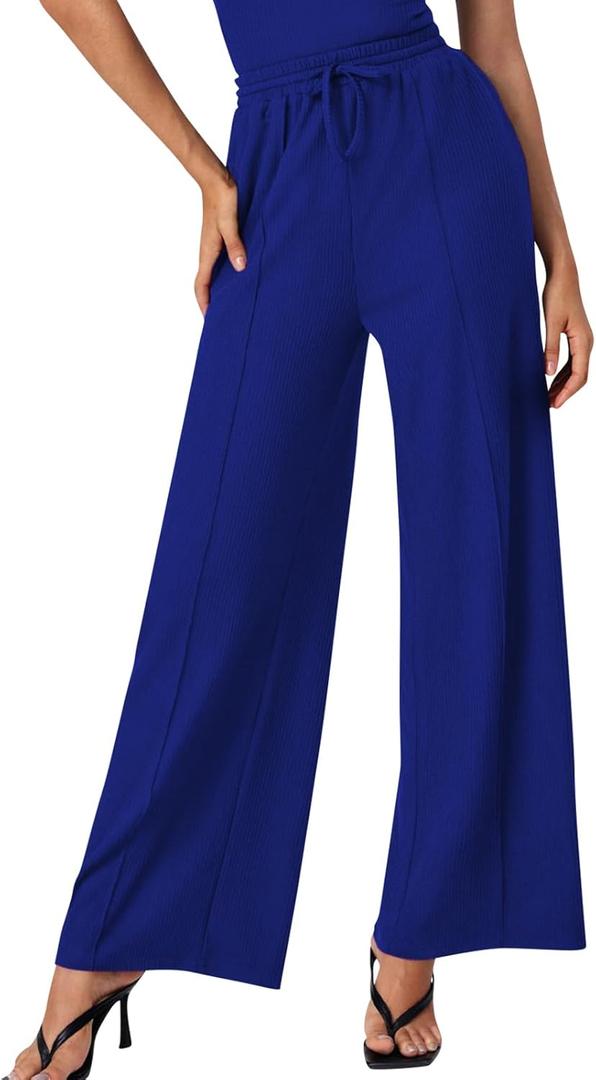 ALSOGO Womens Wide Leg Pants Casual Elastic High Waisted Pants Loose Straight Leg Pants Drawstring with Pockets (Blue, L)