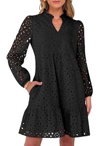 Caracilia Womens Dresses Long Sleeve V Neck Eyelet Hollow Out Fall Casual Flowy Swing Boho Tiered 2026 Mini Short Dress Black, M