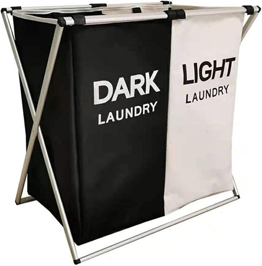 Large Laundry Basket, 2/3 Section Foldable Dirty Clothes Hamper for Laundry, Tall Divided Laundry Sorter with Removable Bag, Modern Collapsible Waterproof Laundry Hamper for Home (Black White)
