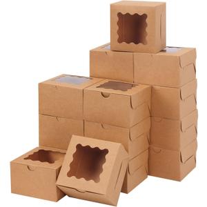 Moretoes 50pcs Cookie Boxes with Window, 4x4x2.5 Inches Brown Bakery Boxes Pastry Container for Small Cookies, Treats and Desserts
