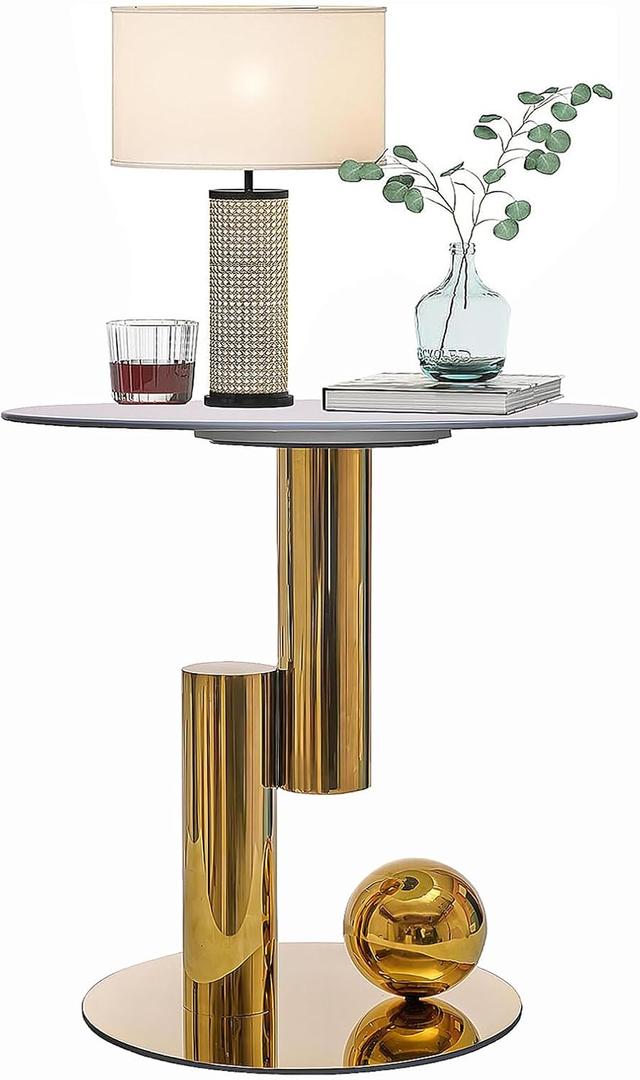 White Gold Round Side Table, 19.7" Faux Marble Sofa End Table, Modern Nightstand, Small Accent Table with Stainless Steel Ball/Cylindrical Frame, for Living Bedroom Office (Gold, 50cm/19.7")
