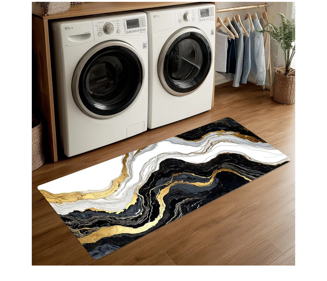 ANNA QUEEN Black and Gold Marble Laundry Room Rug 20x47 Inch – Abstract Art Non Slip Runner Mat for Kitchen, Laundry and Modern Home Decor