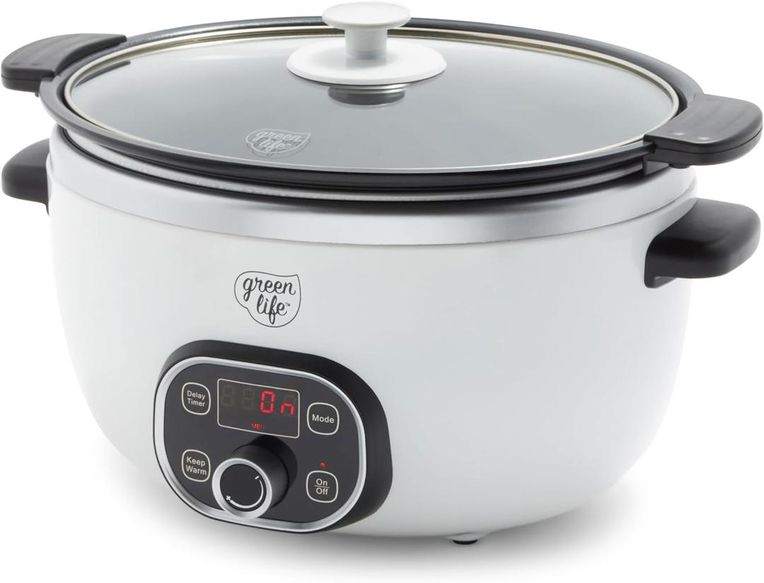 GreenLife 6QT Slow Cooker, Non-Toxic PFAS-Free Ceramic Nonstick Removable Interior Bowl, Programmable, Family Friendly, Keep Warm, Stovetop & Oven Safe, Dishwasher Safe Crock, Timer, Glass Lid, White