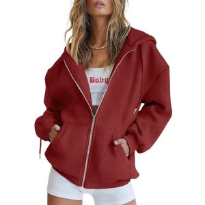 PRETTYGARDEN Women's 2025 Zip Up Y2K Hoodies Casual Long Sleeve Sweatshirts Fall Spring Track Jackets with Pockets (X-Large, Brown Red)