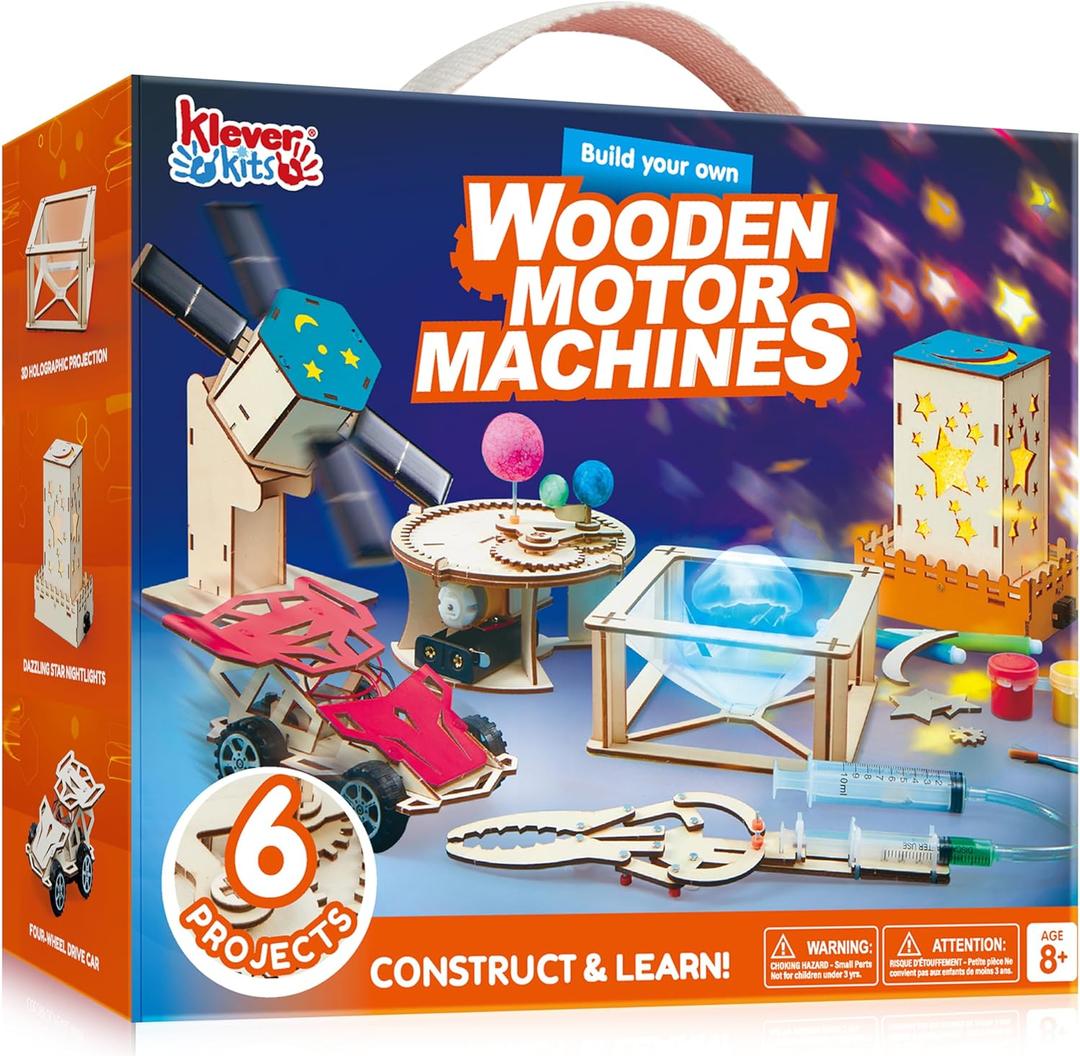 Klever Kits Science Building Toys 6 Projects- Make Your Wooden Motor Machines- Learning Crafts and STEM Activities for Kids Aged 8 9 10 + DIY Race Car & Star Nightlights
