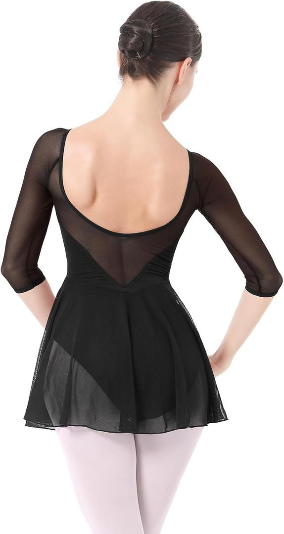 IBAKOM Ballet Leotards Dress for Women 3/4 Mesh Sleeve V Neck Scoop Back Gymnastics Leotard Slim Fit Ballerina Dance Leotard (Medium, Black)