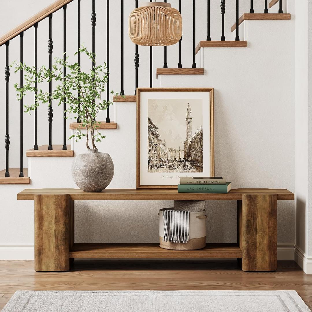 LITTLE TREE Wood Entryway Bench, 63" End of Bed Bench with Storage Shelf, Farmhouse Extra Long Shoe Bench for Entryway, Dining Room, Hallway, Living Room, Bedroom, Double-Reinforced Legs, Brown