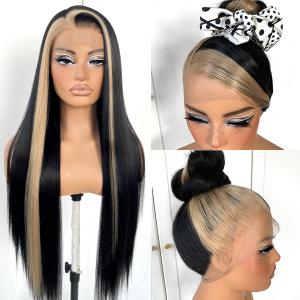360 Skunk Srtipe Lace Front Wig Pre-Plucked Straight HD Glueless Lace Front Wig Synthetic Highlights Long Straight Lace Front Wig 32inch (Blonde skunk stripe)