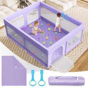 Baby Playpen with Mat - 79"x71" Extra Large Play Pens for Babies and Toddlers Indoor Safety Baby Fence with Soft Breathable Mesh - All-Wrapped Sponge Sturdy Play Yard with Handle & Bag Purple