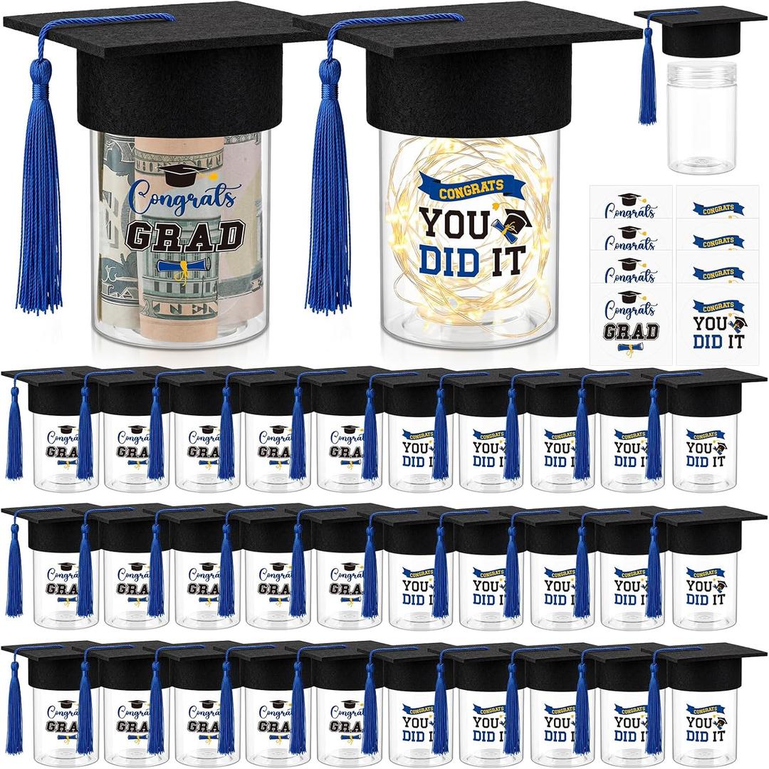 Funnymoom 30 Sets Graduation Candy Tubes Graduation Candy Jar Grad Party Favors Guests Box Containers with Tassel Grad Cap and Sticker for 2026 Ceremony Party Gifts Supplies DIY(Blue)