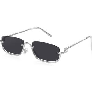 DrRelax Small Rectangle Sunglasses for Women Retro Half Metal Frame Driving Sun Glasses 90's Y2k Rectangular Sunnies (Silver Gray)