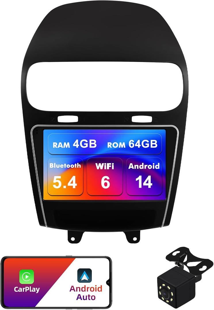 4+64G Android 14 Double Din Car Radio Stereo for Dodge Journey 2011-2019 with 9" Touchscreen Radio Built-in Wireless Carplay/Android Auto/GPS/Bluetooth/FM/AUX-in/SWC/Camera