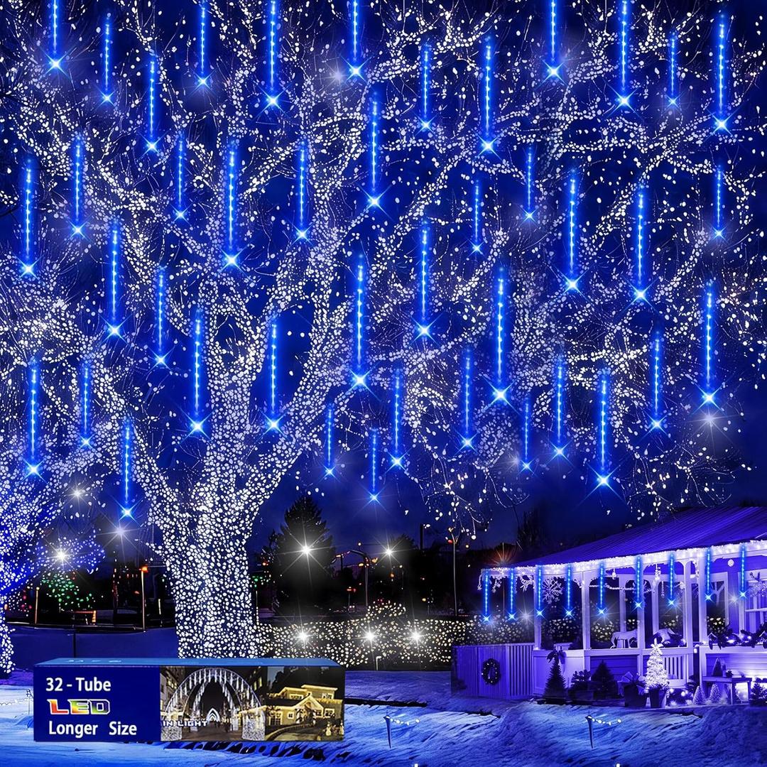 Christmas Lights Outdoors, 32 Tubes(Equivalent to 4 Sets of 8-Tubes) Meteor Shower Rain Lights - Blue lcicle Christmas Light Outdoor for Xmas Tree Wedding Party Holiday House Yard Decor, UL Plug