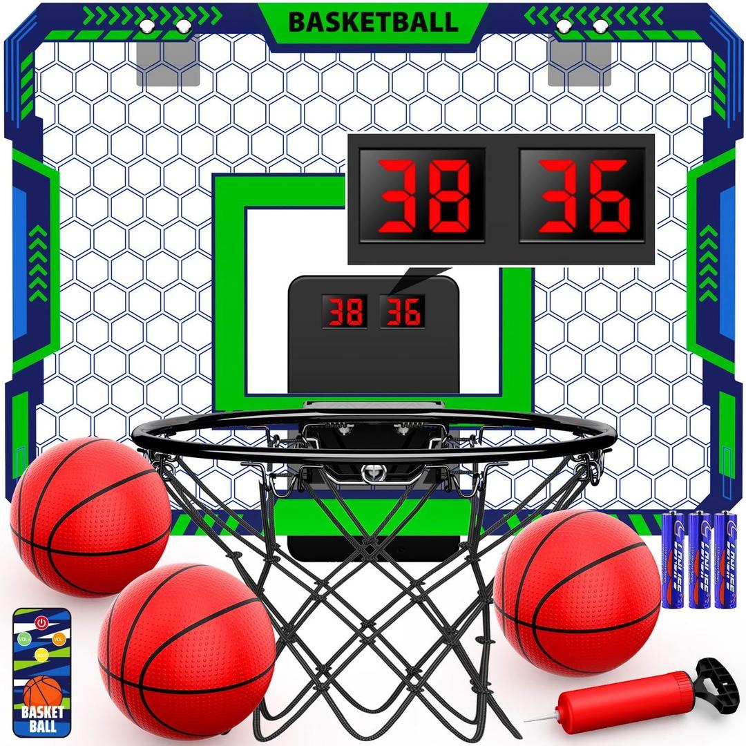 Indoor Basketball Hoop for Kids, Over The Door Mini Basketball Hoop with Scoring & Countdown, Remote Control, 3 Balls & Sound Effects, Birthday & Christmasl Toys Gifts for 4-12 Year Old Girls Boys (Blue)