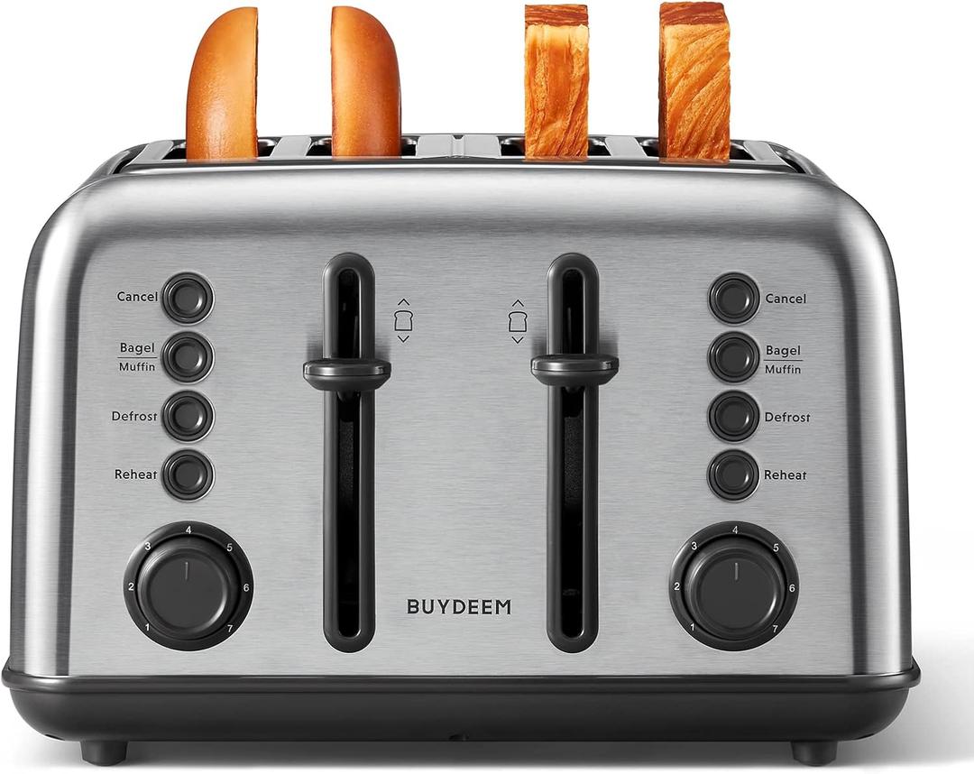 BUYDEEM DT640 4-Slice Toaster, Extra Wide Slots, Retro Stainless Steel with High Lift Lever, Bagel and Muffin Function, Removal Crumb Tray, 7-Shade Settings,Stainless Steel