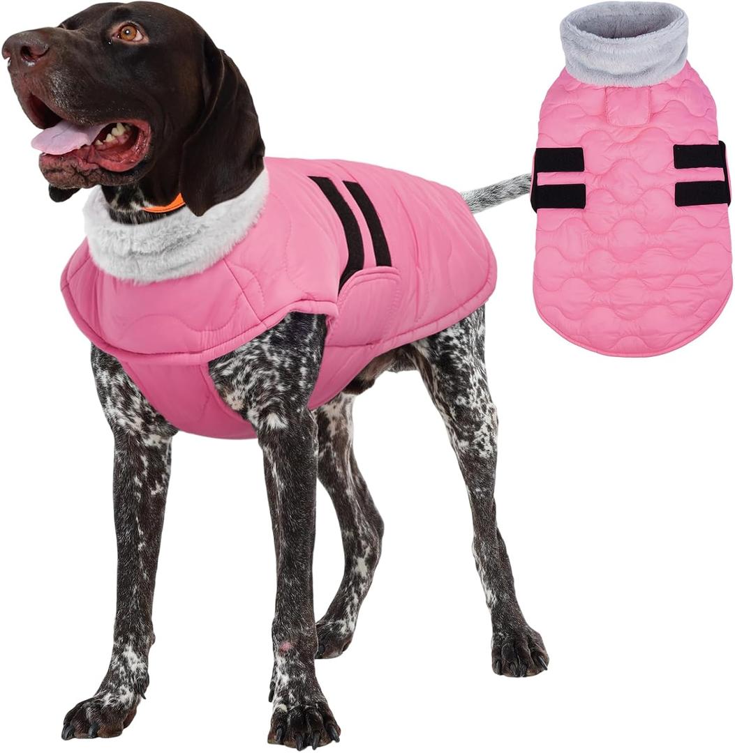 Kuoser Large Dog Coat, Winter Waterproof Dog Jackets for Large Dogs, Doggie Vest with Leash Hole, Cold Weather Coats Pet Snow Jacket for Labrador Beagle, Pink XXL (XXL (Chest Girth: 29.9-35.4''))