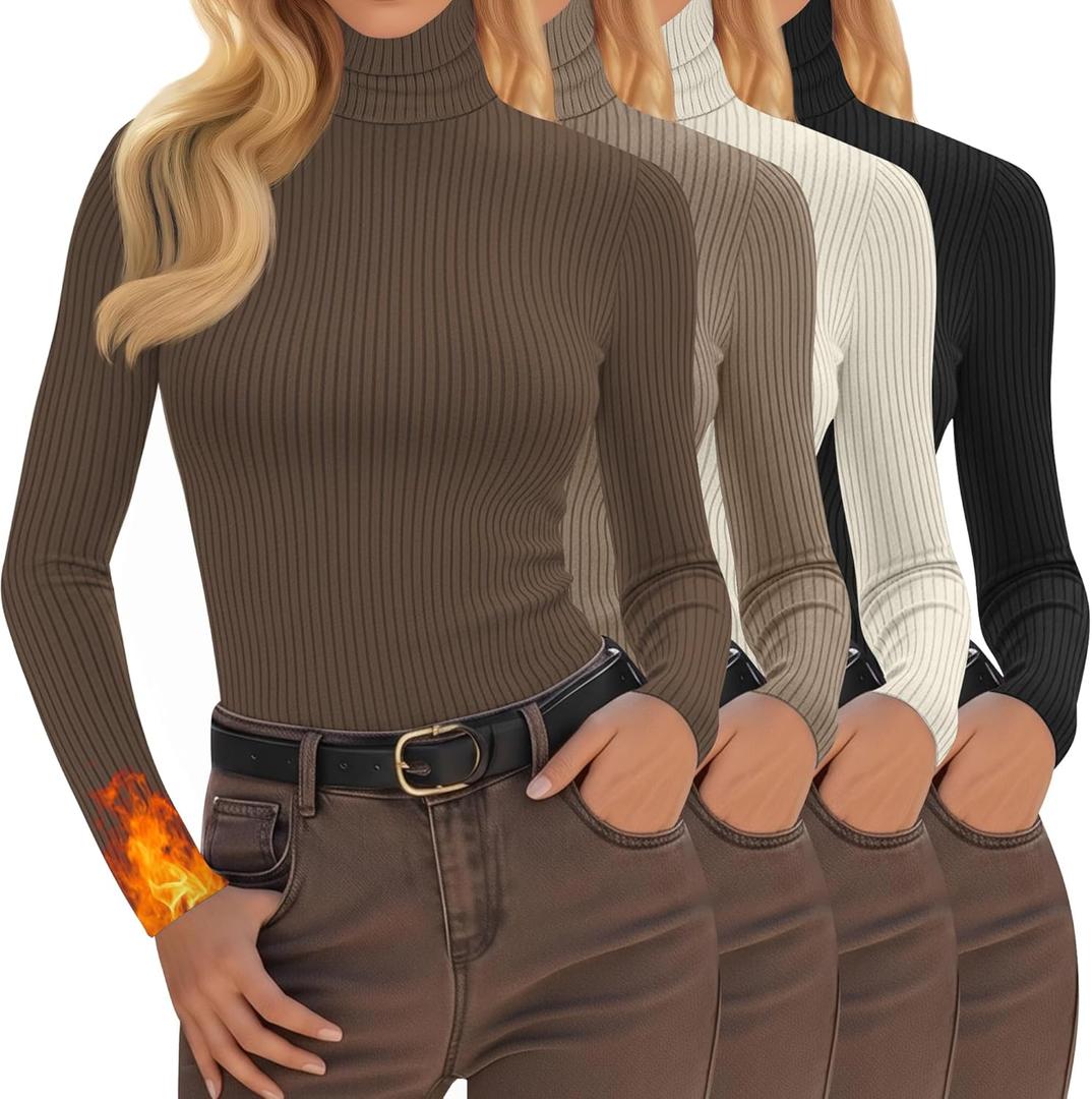 4 Pack Women's Turtleneck Tops Ribbed Long Sleeve Thermal Shirts Cotton Slim Fitted Base Layer Thermal Underwear (Medium, Black, Cream, Khaki, Brown)