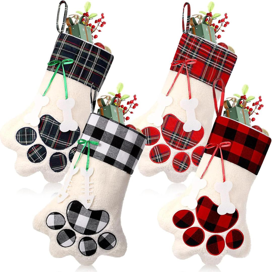 4 Pcs Large Christmas Paw Shape Stockings for Dog Cat Pet Christmas Hanging Stocking with Bone Pattern Tags Buffalo Plaid Cuff Stocking for Puppy Xmas Gifts Party Fireplace Tree Decoration